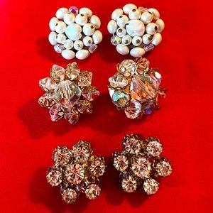 Vintage Clip Earrings Three Pair - AB Crystal Faux Pearl Austria Crystal